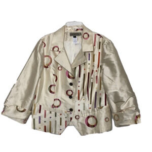 CANVASBACKS - 100% Silk Ivory Art Deco Embroidered Button Front Blazer - Size 12